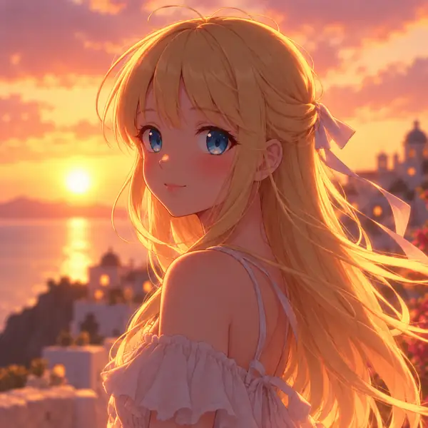 Anime-Porträt mit fließendem blondem Haar und warmen Sonnenuntergangsfarben
