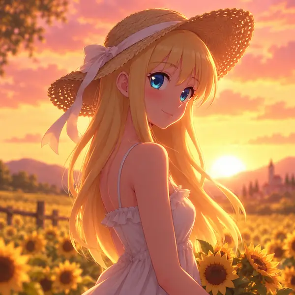 Blonder Anime-Charakter in einer sonnendurchfluteten Landschaft