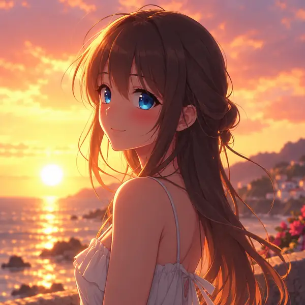 Blauäugiger Anime-Charakter am Meer bei Sonnenuntergang