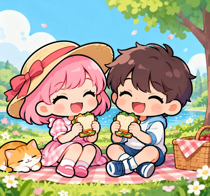 Bunte Chibi-Charaktere genießen einen sonnigen Tag