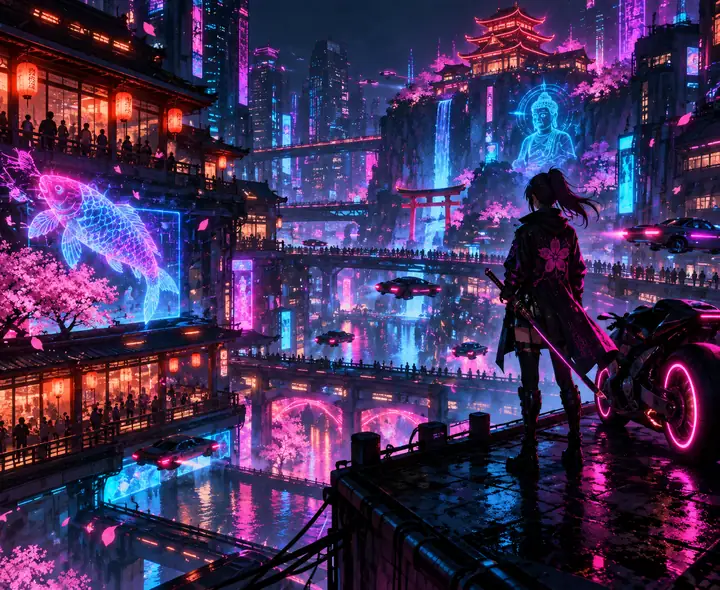 Bunte Cyberpunk-Anime-Szene