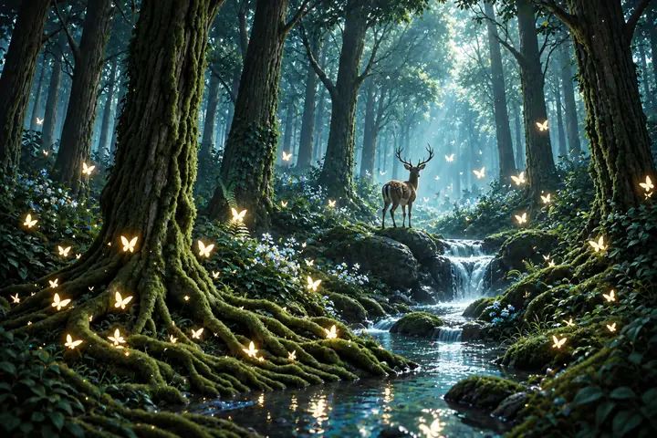 Verzauberter Wald mit leuchtenden Schmetterlingen und einem Bach