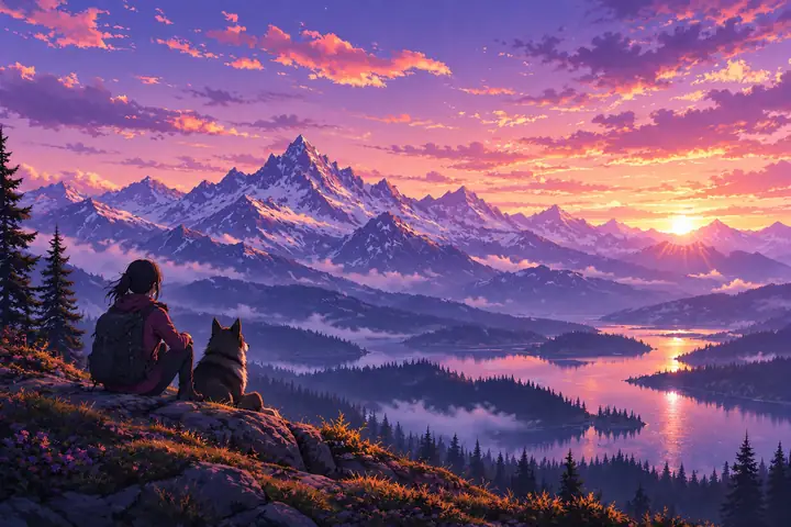 Illustrierte Bergkette unter einem violetten Abendhimmel