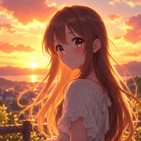 Langhaariger Anime-Charakter vor einem leuchtenden Abendhimmel