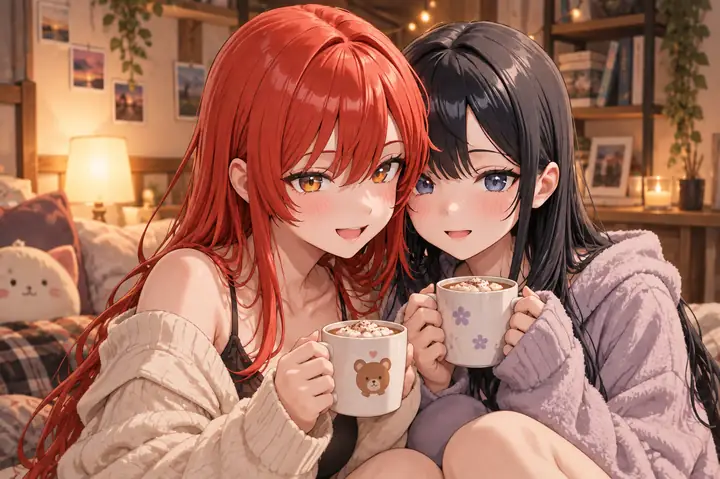 Zwei Anime-Freunde zusammen in einem warm beleuchteten Raum