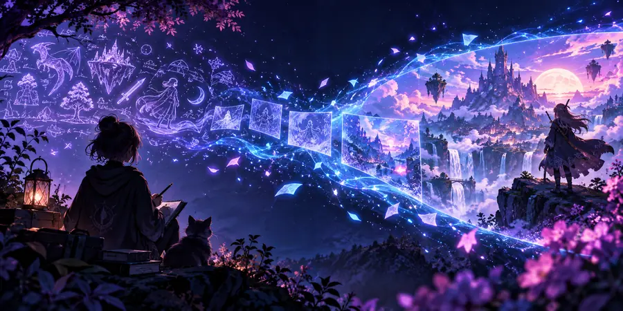 Bright anime-inspired storybook scene shown as an illustrative direction